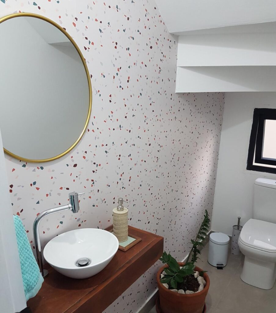 Banheiro-papel de parede-Defacile-lavabo-transformação-decoração-Granilite